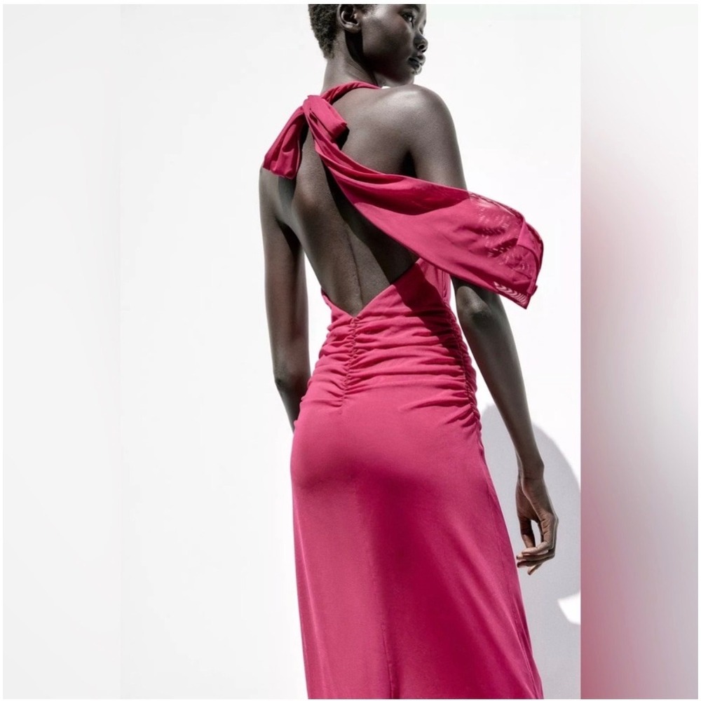 Zara Womens Fuchsia Ruched Mesh Cowl Neck Open Back Midi Dress 5039/369 Size M - Picture 2 of 9